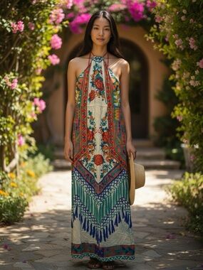 Flying Tomato Boho Maxi Dress Small Halter Floral Tribal Print Vacation Summer